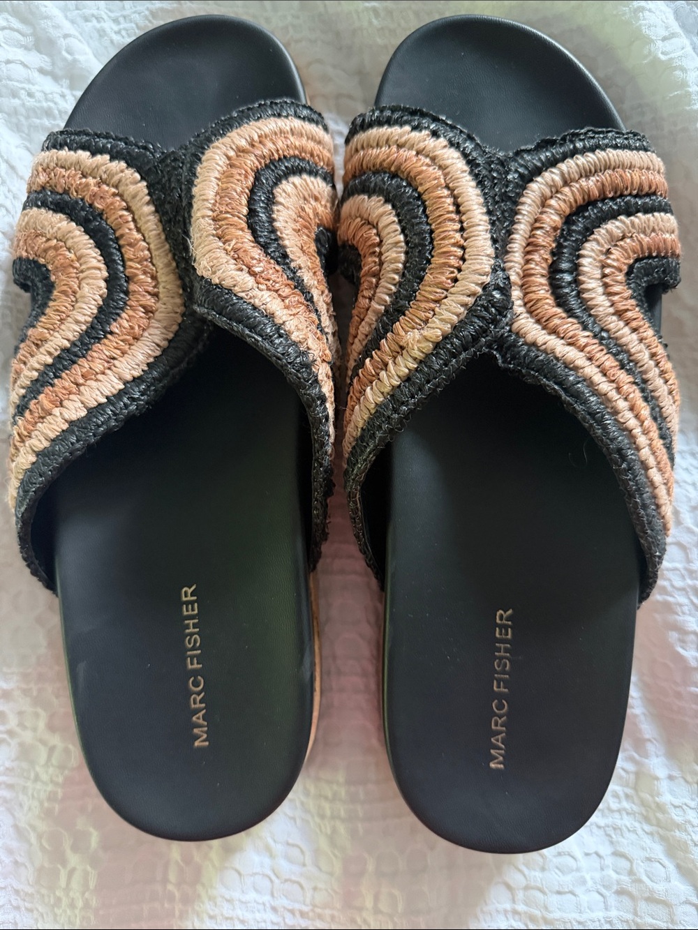 Marc Fisher Black and Tan Woven Slide Mules